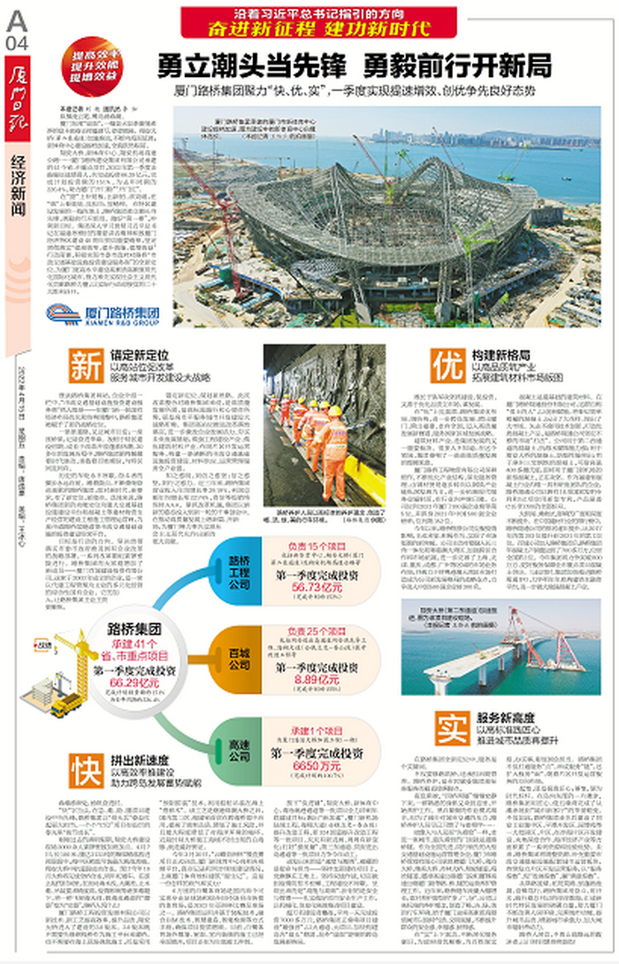 20220415【黨辦】廈門(mén)日報：勇立潮頭當先鋒  勇毅前行開(kāi)新局—— 廈門(mén)路橋集團聚力“快、優(yōu)、實(shí)”，一季度實(shí)現提速增效、創(chuàng  )優(yōu)爭先良好態(tài)勢_調整大小.png